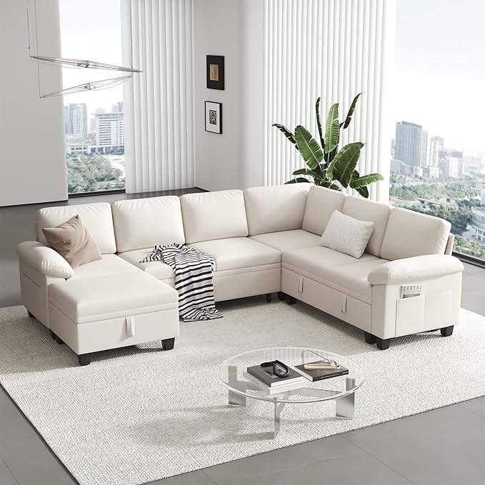 100" Modular Sectional Sleeper Sofa with Pull Out Bed,U Shaped 7 Seat Sectional Sofa with Storage,Modular Couch for Living Room,Deep Seat Couch with Removable Sofa Cover,Beige