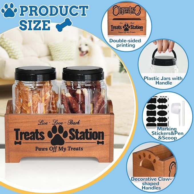 Dog Treat Container Dog Food Container for Dog Food Storage, Farmhouse Cat Food Container Pet Food Storage Organizer, Wood Dog Treat Holder with 2 Plastic Cat Dog Treat Jars, Brown Cat Treat Container