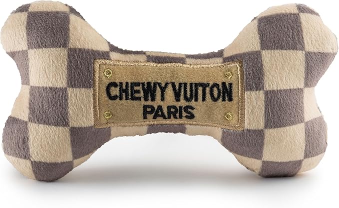 Haute Diggity Dog Checker Chewy Vuiton Bone, Plush Designer Dog Toys with Interactive Squeaker, Stimulating Pet Enrichment, Machine-Washable & Safe Materials for All Breeds, Size Medium