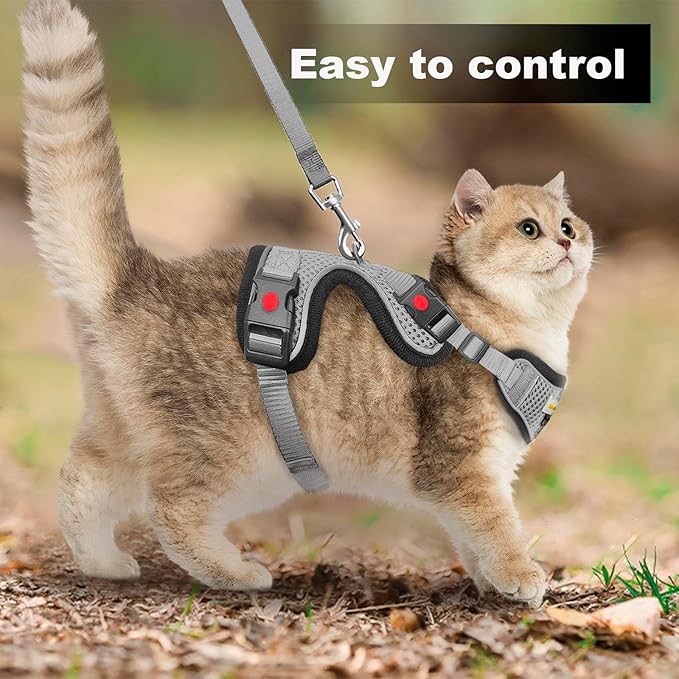 Cat Harness and Leash for Walking, Retractable Cat Harnesses and Leash Set Escape Proof, Breathable Soft Kitten Small Large Harness for Travel Training and Walking, Grey, XXS
