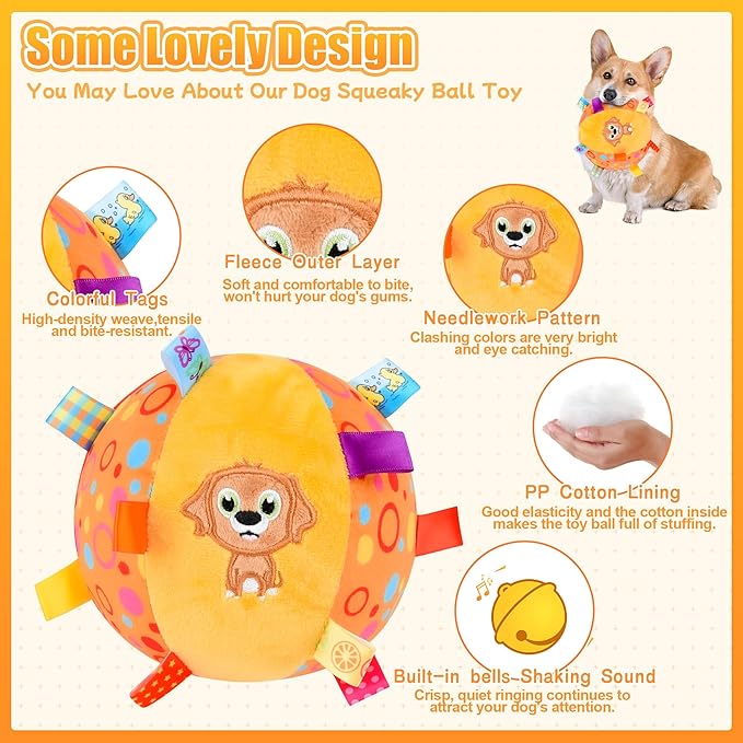 Dog Squeak Ball Toys with Tags, Interactive Dog Toys, Soft Stuffed Puppy Toys with Built-in Bell, Dog Chew Toys to Keep Them Busy for Small Medium Large Dogs - 6 Inches