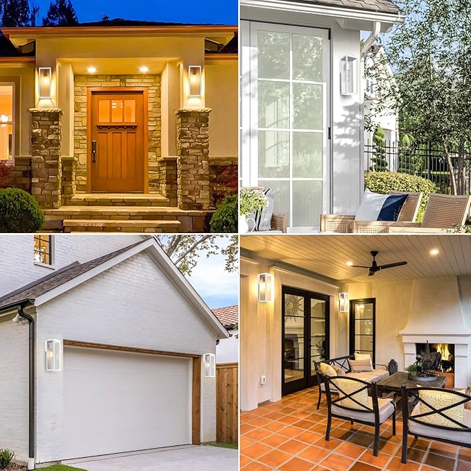 2-Pack Outdoor Wall Lanterns, Exterior Waterproof Wall Sconce with Glass Shades, White Porch Lights Mounted, Anti-Rust E26 Modern Lighting Fixtures for Patio Garage Entryway Front Door