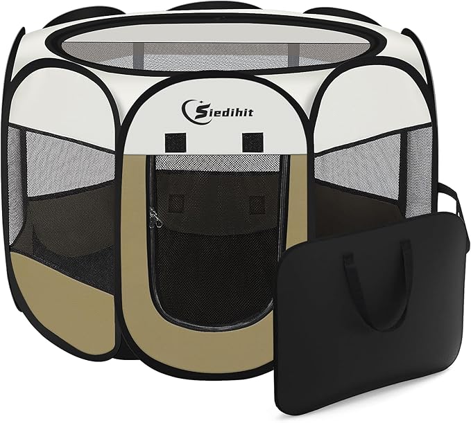 Pink Puppy Playpen for Middle Dog Cat, Dogs Tent Crate Cage Indoor/Outdoor, Portable Pop Up Dog Kennel with Carrying Bag for Rabbits, Removable Top (Coffee, Small (29" x 29" x 17"))
