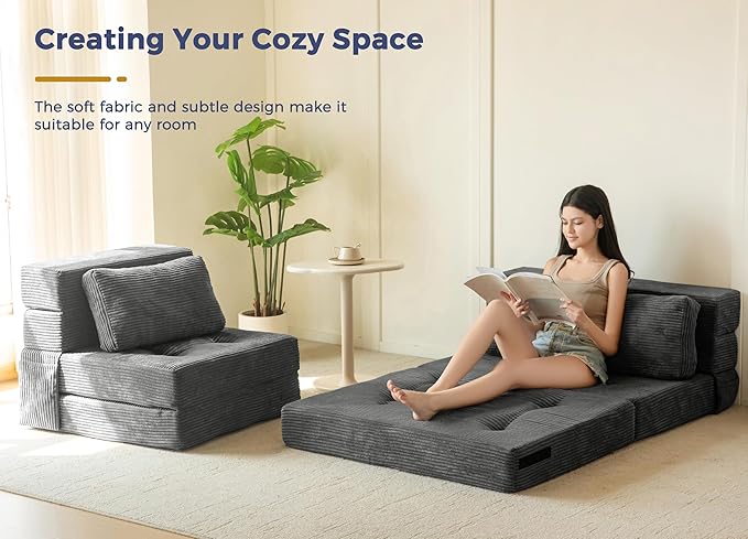 MAXYOYO Convertible Sofa Bed, Fold Out Sleeper Sofa with Pillow, 4 in 1 Tufted Folding Couch Bed Foam Floor Couch, Lazy Chair for Living Room Bedroom Guest Room, Dark Grey
