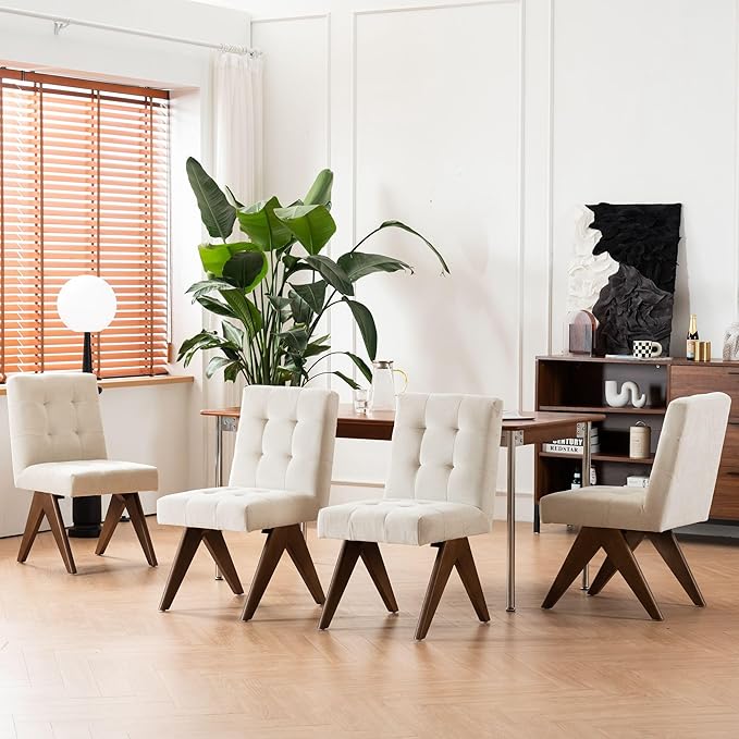 Rowill Modern Upholstered Dining Chairs Parsons Chair Linen Fabric Kitchen Chairs Tufted Armless Dining Room Chairs with Wood Legs Set of 4, Beige