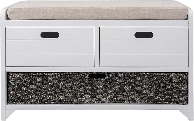 Fully Assembled Storage Bench with Cushioned Seat, 2 Drawers & Removable Basket, Solid Wood Entryway Shoe Bench for Bedroom, Hallway, Living Room (White)