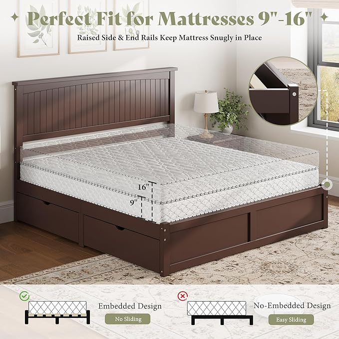 AMERLIFE King Size Solid Wood Bed Frame with 50" Tall Headboard, Mid-Century Modern Bed with Storage, Wooden Platform Bed with 2 Drawers, No Box Spring Needed, Espresso