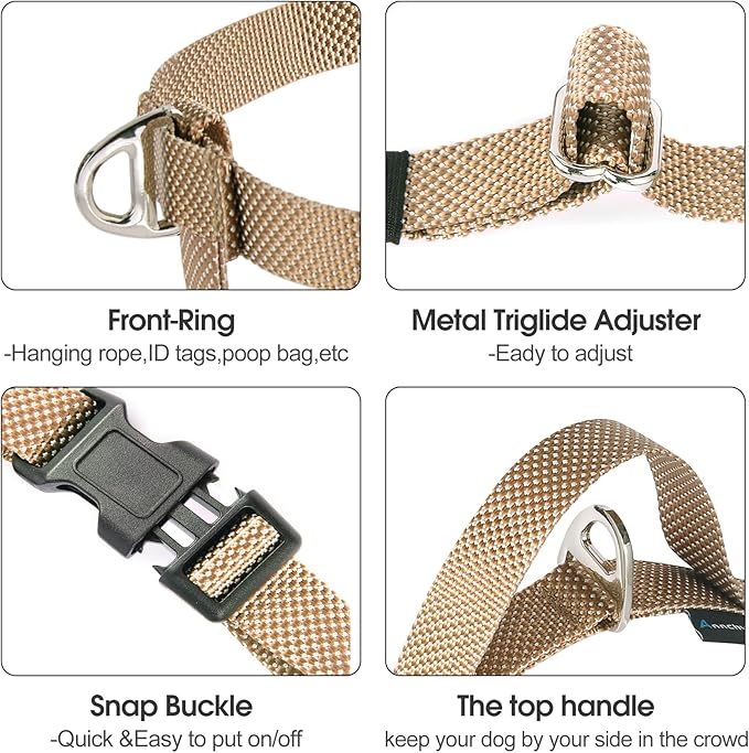 Annchwool Adjustable Dog Harness-Lightweight No Pull Dog Harness with Handle for Small & Medium and Large Dogs-Front Clip Easy for Walking Vest Harness(Brown,L)