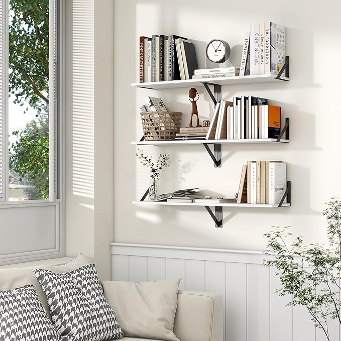 Axeman White Floating Shelves for Wall, 16W x 8D Floating Shelves Set of 2, 8'' Deep Wall Shelves for Bookshelf Living Room Bedroom Home Office Bathroom