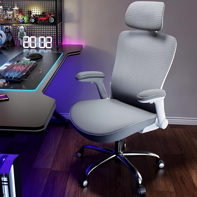 Office Home Ergonomic Desk Chair-Computer X-Shaped Chair Mesh PU Leather with Adjustable Lumbar Support-Executive Chair High Back with Headrest Flip-Up Arms for Long Hours (Grey)