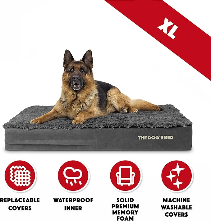 The Dog’s Bed Orthopedic Memory Foam Dog Bed, XL Grey Fur 46x28, Pain Relief for Arthritis, Hip & Elbow Dysplasia, Post Surgery, Lameness, Supportive, Calming, Waterproof Washable Cover