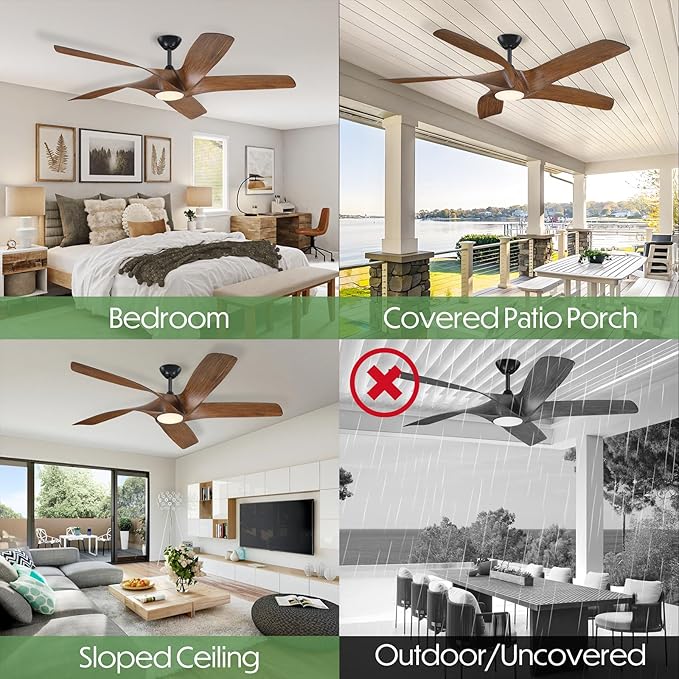 60 Inch Ceiling Fans with Lights and Remote,5 Blades Large Walnut Ceiling Fan, Outdoor Ceiling Fan with 6 Speeds,Reversible DC Motor, Timer for Living Room, Farmhouse, Patio(Dark Brown)
