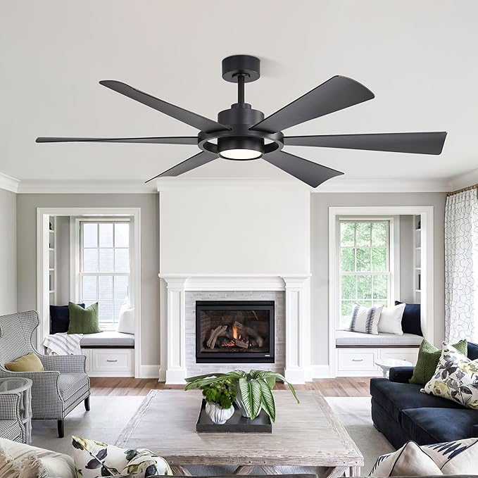 ELEHINSER 60" Ceiling Fan with Lights - 6 ABS Plastic Blades, 3 Downrods, 6-Speed Reversible DC Motor, 3CCT, Windmill Ceiling Fan for Kitchen Bedroom Living Room, Matte Black