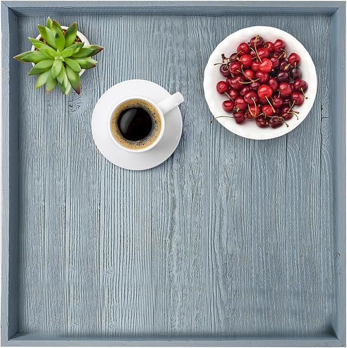 Wooden Ottoman Tray with Felt Pad – Decorative Couch Serving Tray Made with Real Rustic Reclaimed Wood - Perfect for Living Room Ottomans, Sofas, & Coffee Tables -24" x 24"- Slate Blue