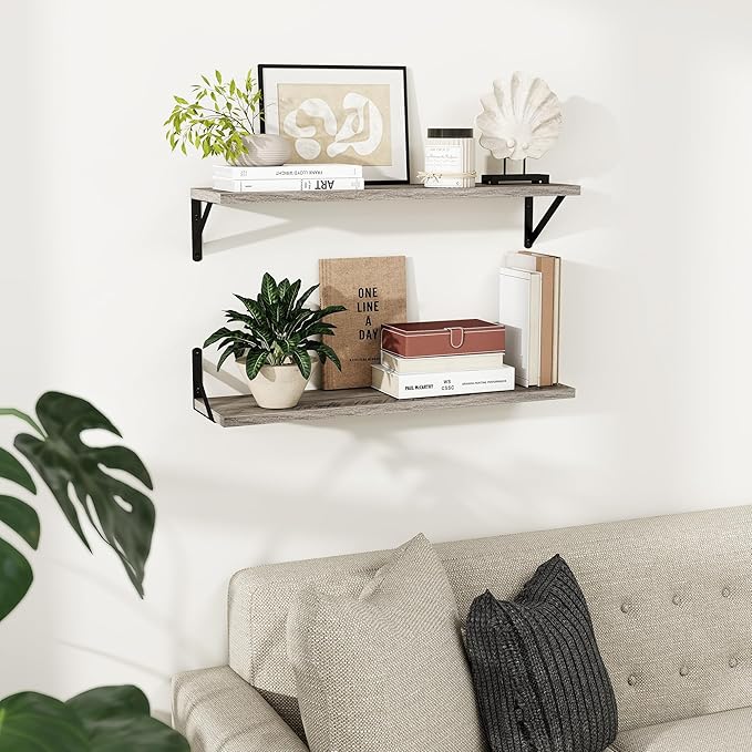 Dreamland Deep Floating Shelves for Wall, 30W x 8D Wall Shelves, Set of 2, 30 inch Floating Shelf with Sturdy Metal Brackets for Living Room, Bathroom, Bedroom and Kitchen, Grey