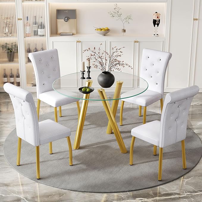 35" Round Dining Table for 4, Modern Round Glass Dining Table with Gold Metal Legs, Round Kitchen Table for Dining Room Home Office Small Spaces
