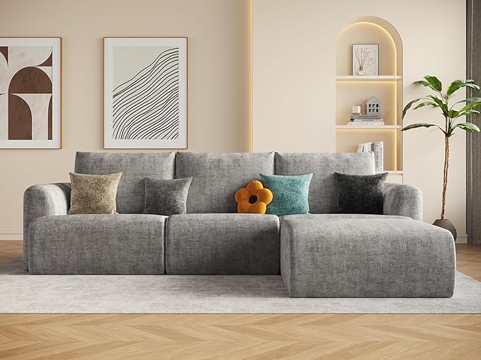 EASE MOOSE Sectional Cloud Couch for Living Room, L-Shaped Modular Boneless Sofa, Modern Cloud Sofa with Fluffy Foam, Oversized 4-Seater Deep Sofas with Ottoman for Apartment, Chenille (Light Grey)