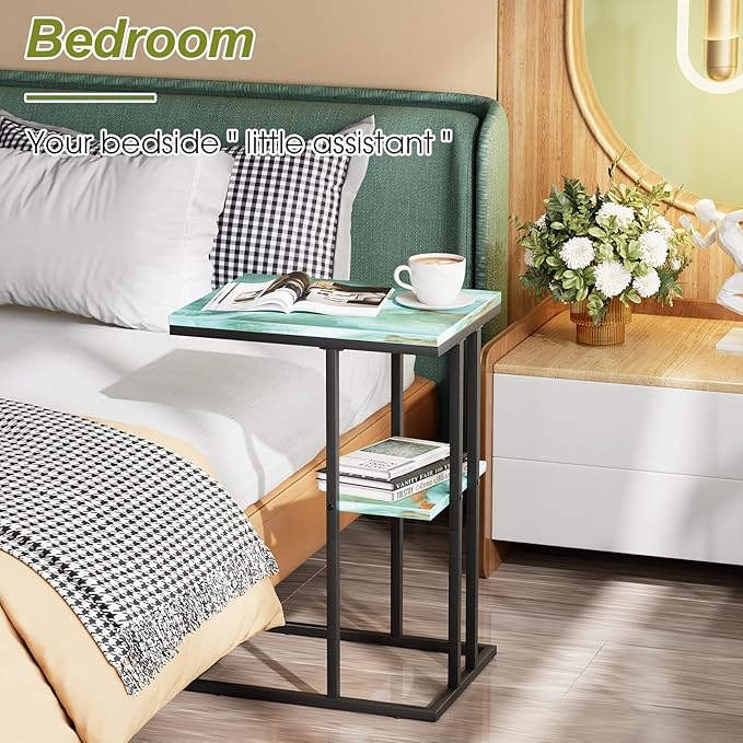 C Shaped End Side Table, Couch Sofa Table for Small Space, Snack Table with Metal Frame, TV Tray Table for Bed, Living Room, Bedroom, Bedside(Sea Blue)