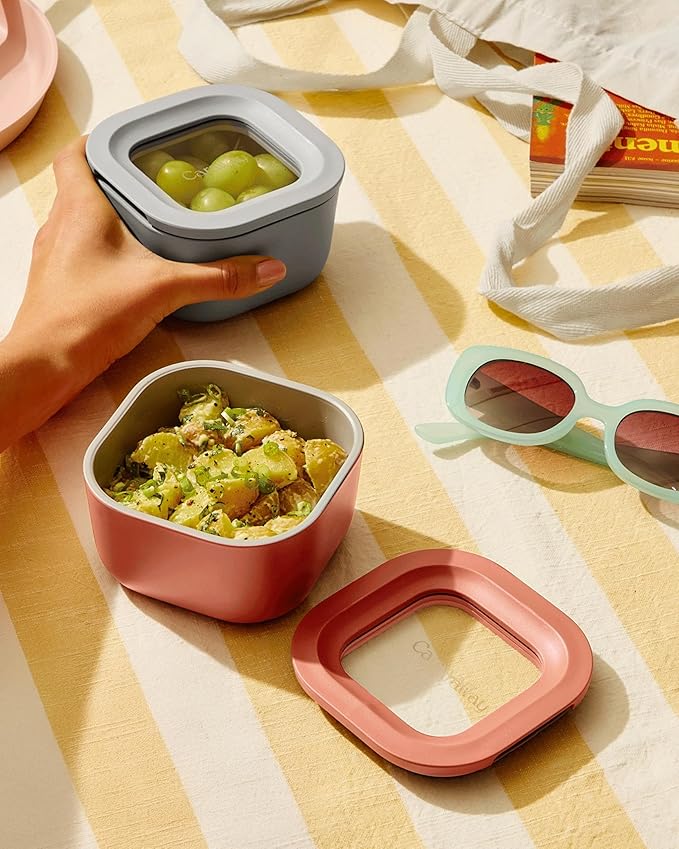 Caraway Mini Food Storage 9pc Set - Glass Storage Containers for Food - Non-Toxic Ceramic-Coated Glass - Air Release Technology - Compact & Stackable Design - Perracotta