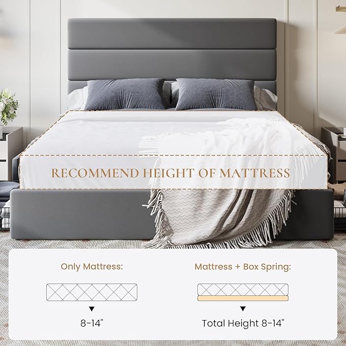 SHA CERLIN Queen Size Platform Bed Frame with 4 Storage Drawers, Velvet Upholstered Headboard, Mattress Foundation with Wooden Slats Support, No Box Spring Needed, Easy Assembly, Grey