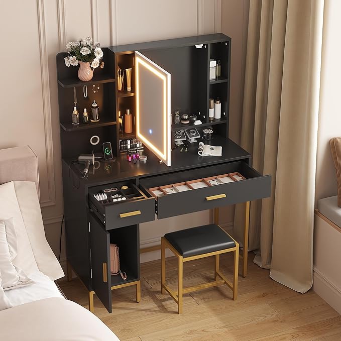 IDEALHOUSE Vanity Desk with Mirror and Lights, 42.5" Makeup Vanity Set with Stool, Makeup Table with Mirror Cabinet and Chair, Drawers & Shelves, Dressing Table with Outlet for Bedroom, Black