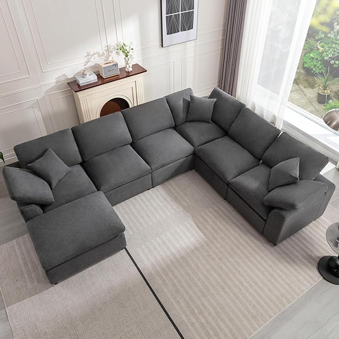 Modular Sectional Sofa Modern Oversized Cloud Couch with Movable Ottoman 7 Seater L-Shaped Sofas Comfy Couches for Living Room Spacious Space Office Lounge, Dark Grey