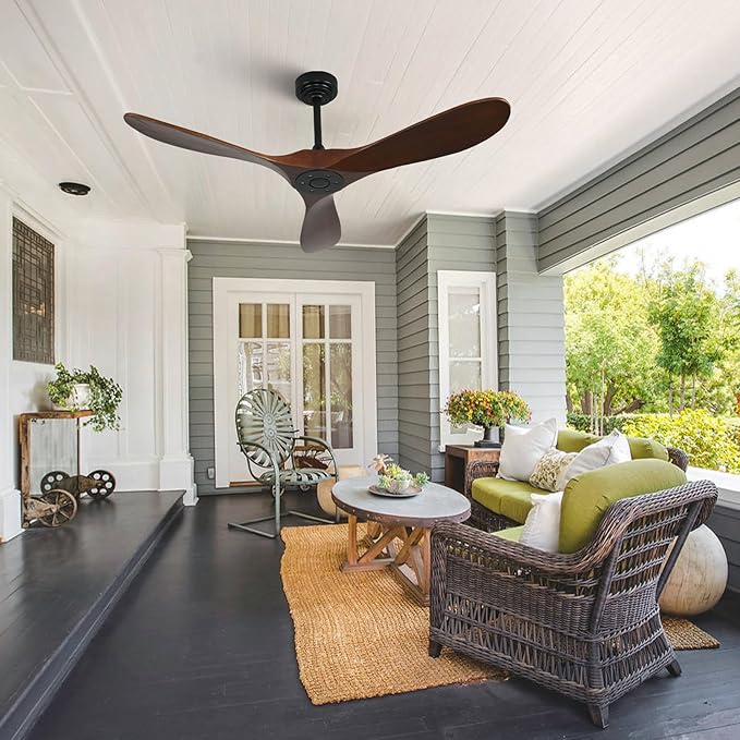 Smart Ceiling Fan no Light, 52 Inch Outdoor Ceiling Fan Without Light, Compatible with Alexa/Google/App, 3 Solid Wood Blades, Modern Wood Fan for Patio, Bedroom, Living Room,Dark Walnut