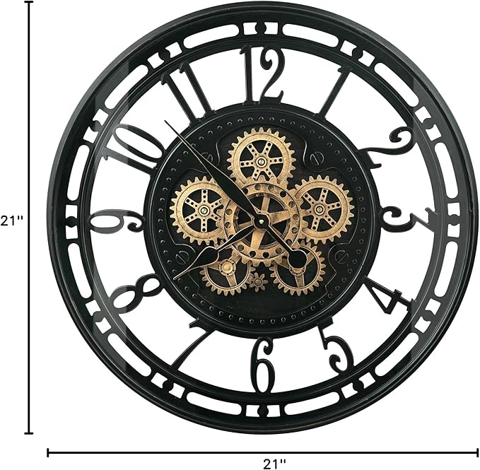 DORBOKER Real Moving Gears Wall Clock Large Modern Metal Clocks for Living Room Decor, Industrial Steampunk Unique Vintage Rustic Decorative Clock for Home Farmhouse Office, 21 Inch Black Gold Arabic
