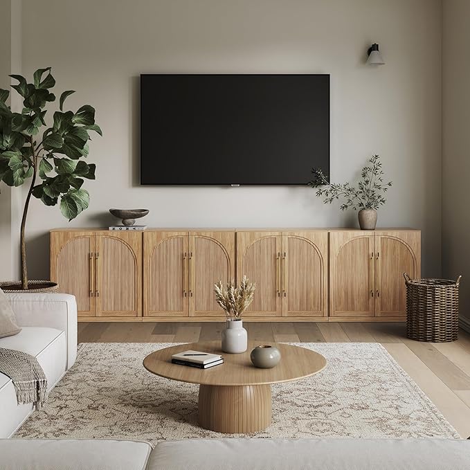 BELLEZE Set of 4 Modular Sideboard with Double-Arc Wood Doors, Small Arched Buffet Cabinet with Storage and Adjustable Shelves, Classic Modern Credenza for Dining Room, Living Room or Entryway(Camel)