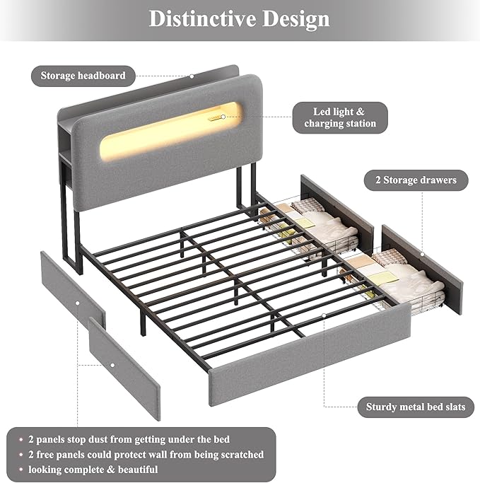 HOSTACK Full LED Bed Frame with Storage Headboard and Charging Station, Boys Bed Frame with 2 Drawers and USB Ports, Velvet Upholstered Platform Bed Frame with Bookcase, No Box Spring Needed, Grey