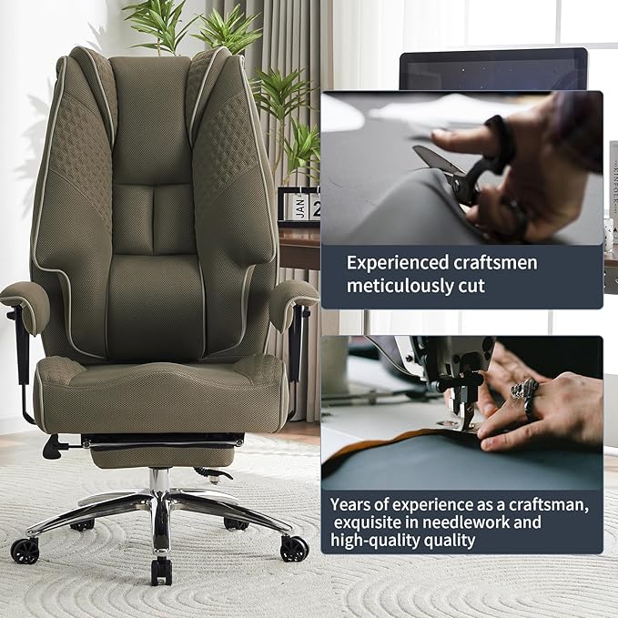 Big and Tall Office Chair 400lbs Wide Seat, Leather High Back Executive Office Chair with Lumbar Support, Ergonomic Chairs Padded Armrests & Thick Cushion (Mesh Green)