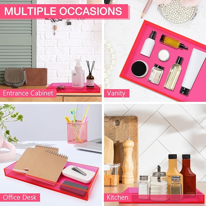 Acrylic Tray 5mm Thicken for Vanity Makeup, Perfume, Jewelry Holder, Napkin, Neon Pink 12x6'' 5Decorative Serving Tray for Bathroom, Toilet Tank, Sink Countertop, Living Room,Dresser, Coffee Table