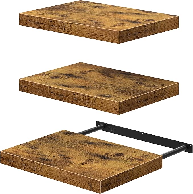 QEEIG 10" Deep Floating Shelves for Wall - 10 x 16 inch Book Shelf Bathroom Bedroom Kitchen Living Room Hanging Bookshelf Farmhouse Set of 3, Rustic Brown (025-40BN3)