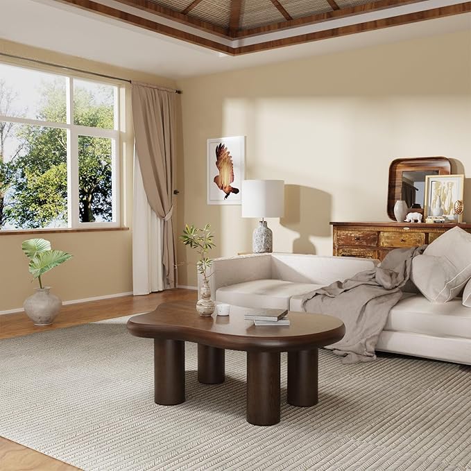 Cloud Coffee Table 46" Dark Brown Wood Coffee Table with 4 Sturdy Legs Mid-Century Modern Center Table Tea Table for Living Room Bedroom Office (Clouds Brown)