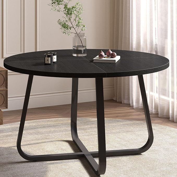 LVB 42 Inch Black Round Dining Table for 4 to 6, Circle Dining Tables, Modern Wood Metal Kitchen Tables, Round Dining Room Table for Home Kitchen Living Room,Black Oak