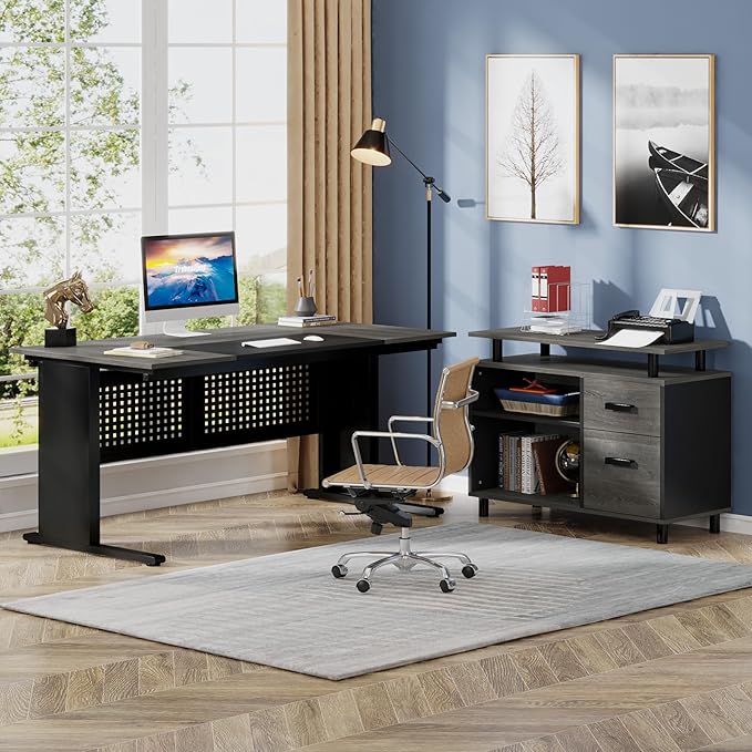 LITTLE TREE Large Computer Desk with File Cabinet, 63 Inch Executive Desk L Shaped Office Desk with Drawers and Storage Shelves, Business Furniture Desk Workstation for Home Office