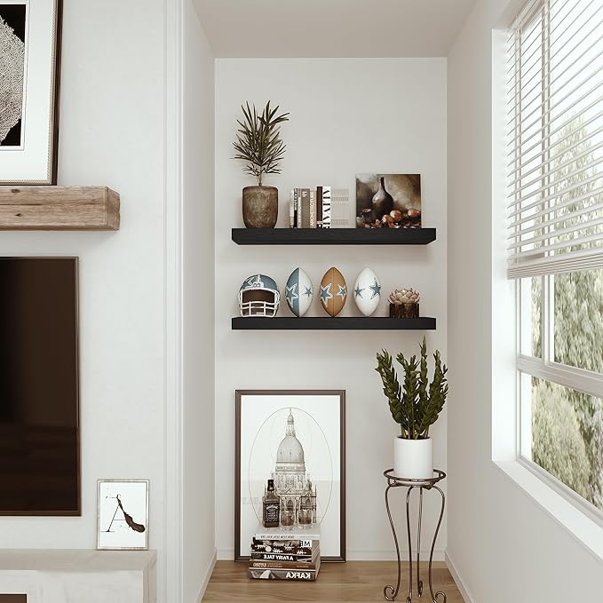 Vivelove Black Floating Shelves for Wall Mounted, 24 inchs x 9.1” Deep x 1.6” Thick Wall Shelves for Bedroom, Living Room, Bathroom,Kitchen, Office, Home Decor Shelf with Invisible Bracket - Set of 2