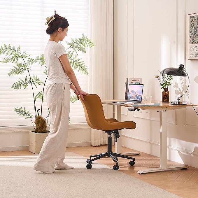 Kidol & Shellder Tan Leather Home Office Desk Chair with Wheels Modern Cute Armless Executive Swivel Vanity Chair with Comfy Padded Back Ergonomic Rolling Adjustable Computer Task Chair Small