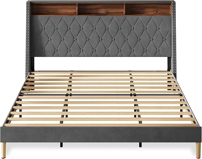 WLIVE King Size Upholstered Bed Frame with Storage Headboard, Velvet Square Tufted Platform Bed with Charging Station, Sturdy Metal & Wooden Slats Support, No Box Spring Needed, Grey