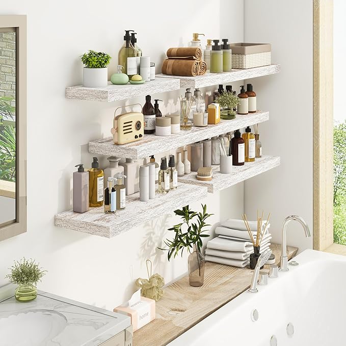 Fun Memories Deep Floating Shelves - 16" W x 9.3" D x 1.6" H Rustic Grey Wall Shelf - Wall Mounted Shelves for Storage - Wooden Shelves with Invisible Brackets for Living Room, Farmhouse - Set of 2