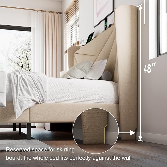 Queen Size Upholstered Bed Frame with Charging Station, Platform Bed Frame with Storage Headboard, Solid Wood Slats Support, No Box Spring Needed, Beige