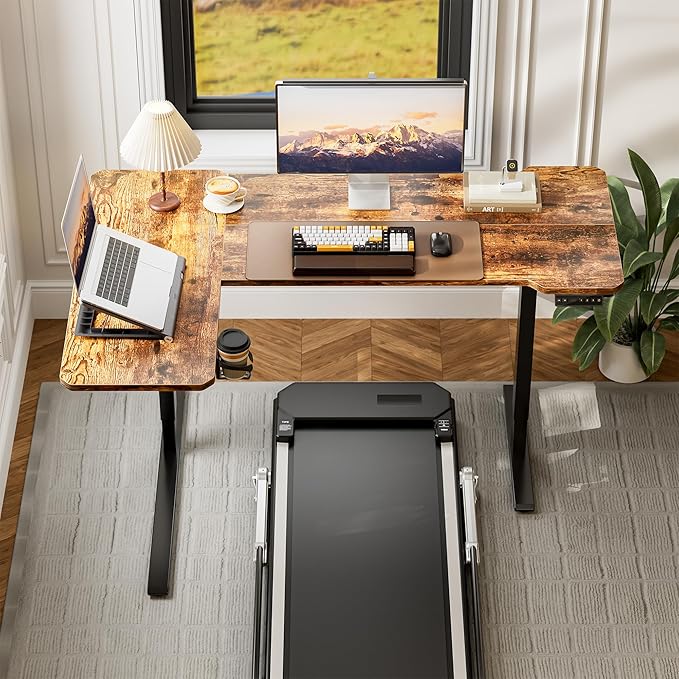 51" Reversiable L-Shaped Electric Standing Desk Adjustable Height Gaming Stand Up Corner Desk Sit Stand Home Office Computer Desk with Splice Board, Rustic Brown Top