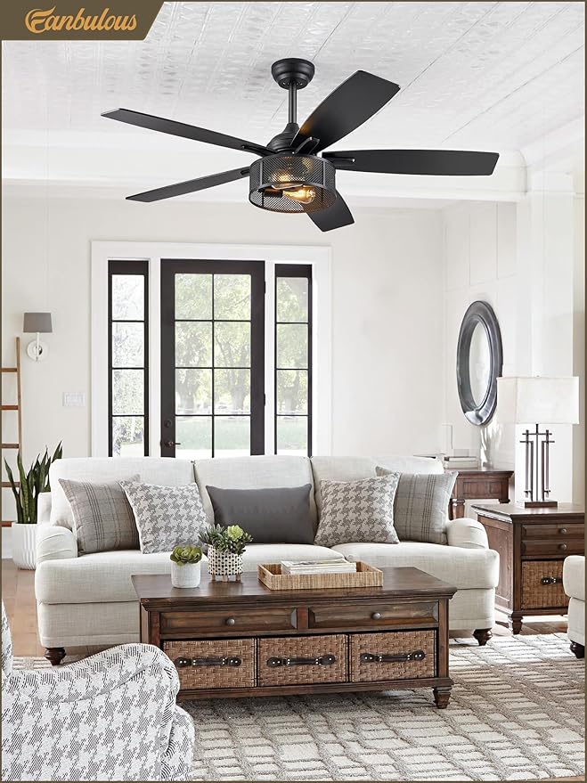 Fanbulous Farmhouse Ceiling Fans with Lights and Remote, 52 Inch Industrial Black Caged Ceiling Fans for Living Room Bedroom Kitchen, 6 Speed Reversible Quiet DC Motor, Dual Finish 5 Blades