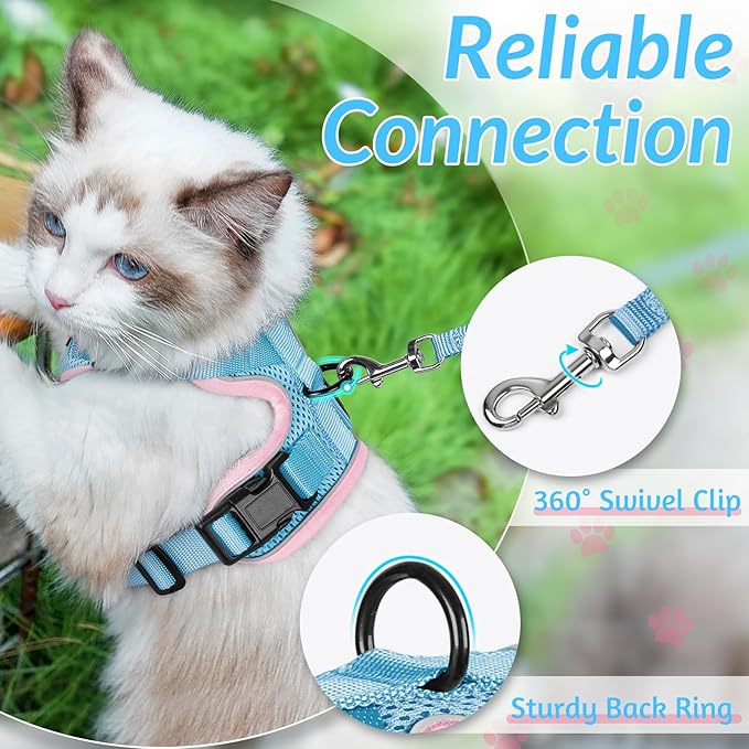 rabbitgoo Cat Harness and Leash for Walking, Escape Proof Soft Adjustable Vest Harnesses for Cats, Easy Control Breathable Reflective Strips Jacket, Light Blue&Pink, S