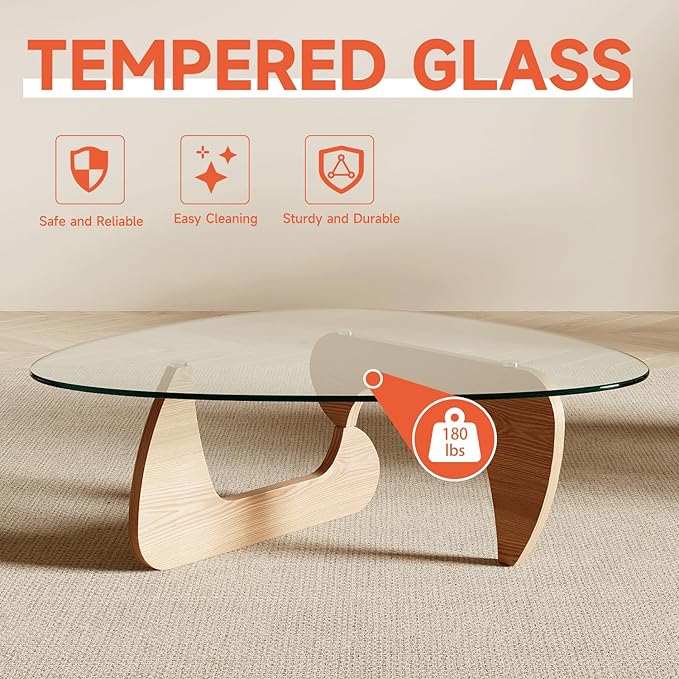 Modern Coffee Table for Living Room and Small Spaces, 43.3" x 29.5" x 15.8" Triangle Tempered Glass Table Top and Eco-Friendly MDF Base, Natural Wood