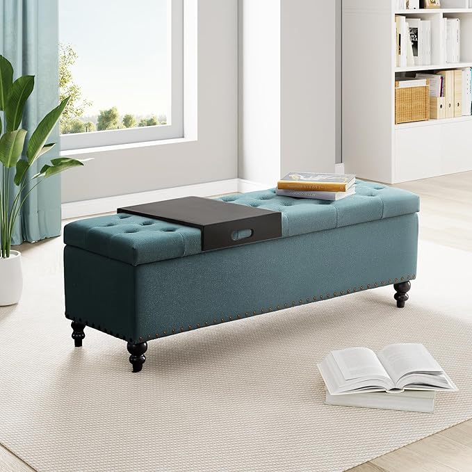 HUIMO 51-inch Storage Ottoman Bench with Removable Tray, Bedroom Bench with Button-Tufted, Safety Hinge Ottoman in Upholstered Fabrics, Large Long Bench for Living Room, Bedroom (Teal)