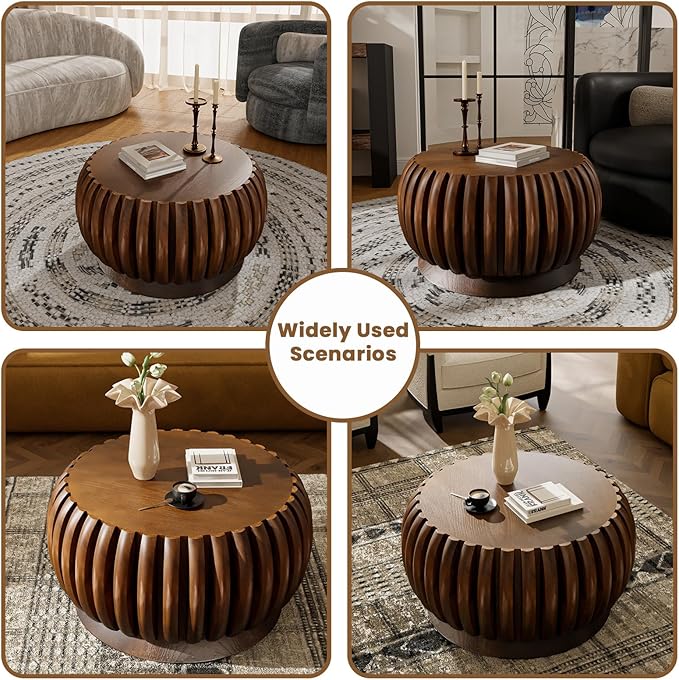 26.37'' Round Drum Coffee Table for Living Room Modern Rustic Farmhouse Wood Circle Coffee Tables with Fluted Pedestal Center Tables Tea Tables for Apartment Office Walnut