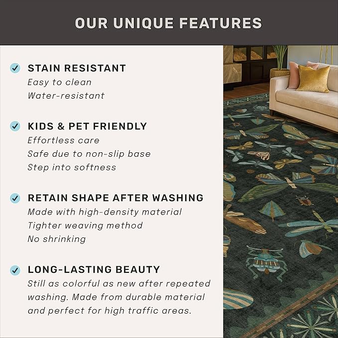 Dark Green 3x10 Extra Long Runner Rugs for Hallways - Boho Kitchen Rug Non Slip, Wide Indoor Floor Mats for Entryway, Insect & Floral Design Low Pile Stain Resistant Carpet