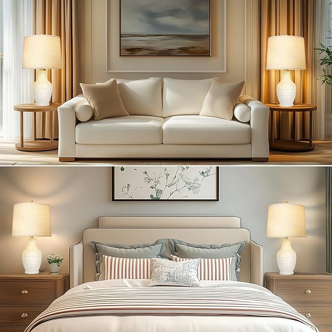 Scenekoy 23" Ceramic Table Lamps Set of 2 with 3-Way Dimmable Bulb,Rotary Switch,Lamps for Living Room,Bedside Lamp with Linen Shade,Nightstand Lamps of 2 for Living Room Bedroom(Bulb Included)