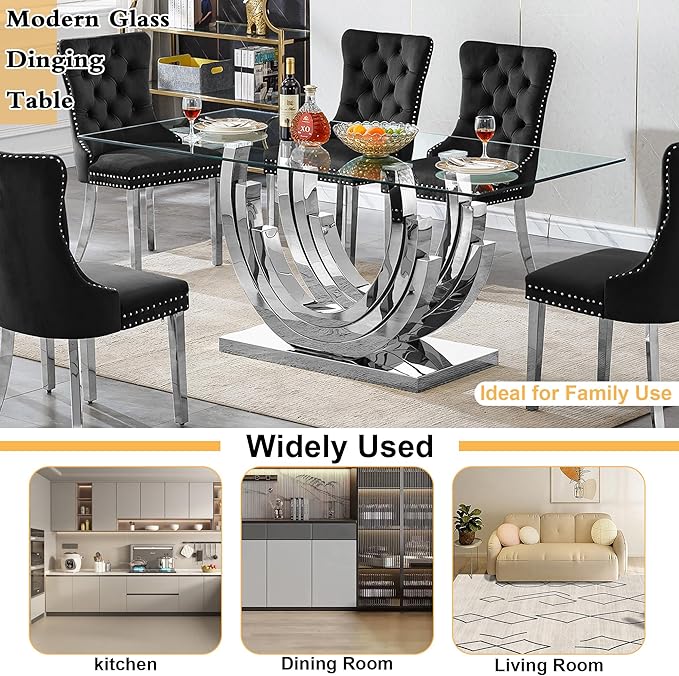 Goujxcy 70" Modern Glass Dining Table for 6-8, Luxury Silver Glass Dining Room Table with Mirrored Ring-Shape Stainless Steel Base, Rectangle Kitchen Dinner Tables for Dining Room Kitchen